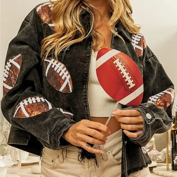 Football Sequin Embroidery Cropped Frayed Hem Corduroy Jacket - Picture 3 of 5